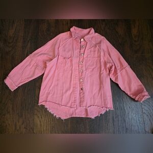 Pink Button-Up Shirt with Frayed Hem